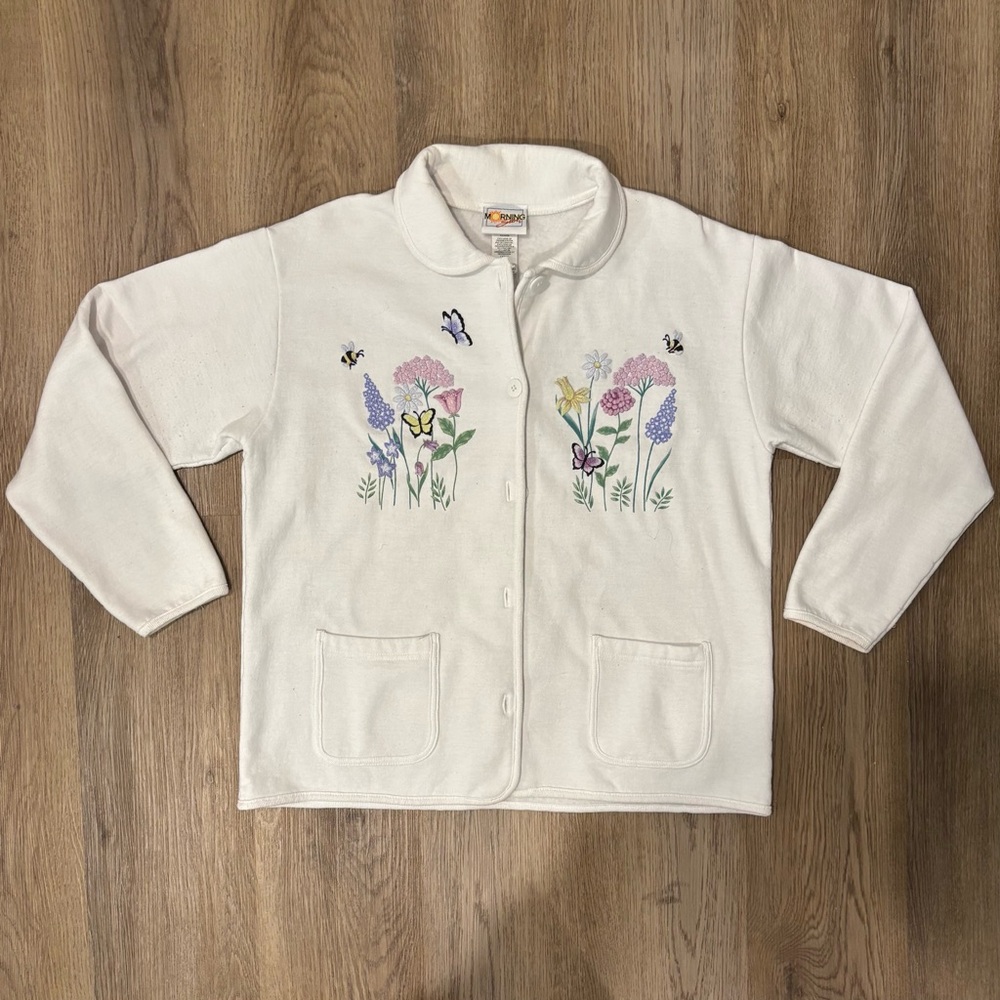 ~vintage Morning Sun flowers and butterflies fleece cardigan~